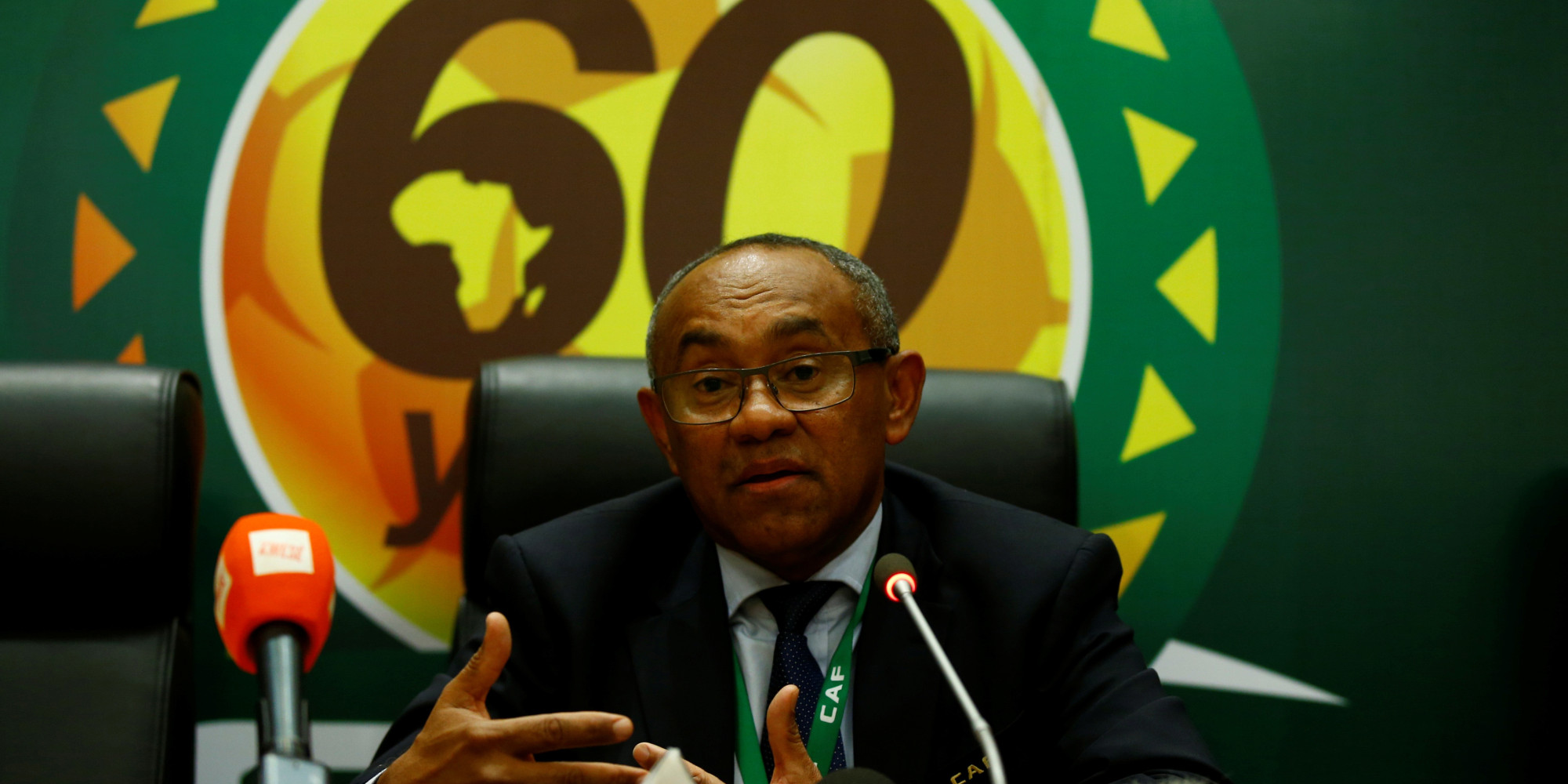 The newly elected Confederation of African Football President Ahmad Ahmad addresses a news conference after his victory at the African Union headquarters in Ethiopia’s capital Addis Ababa