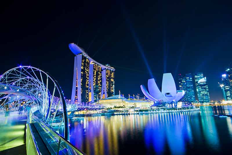 SINGAPORE – JUNE 27: The Marina Bay Sands resort and Helix Bridg