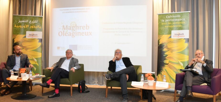 De gauche à droite : «M. Guénaël Le Guilloux, représentant de Terres Univia, M. Jean Louis Rastoin, professeur honoraire à Montpellier SupAgro, M. Hassan Benabderrazik, directeur générale de AgroConcept, et M. Mohamed Saidi, directeur de la fédération nationale interprofessionnelle des semences et plants (NFIS).