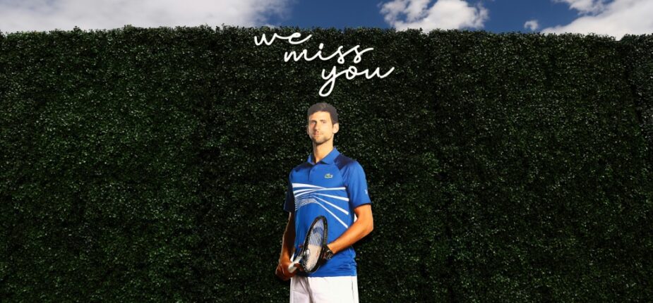 Portrait de Novak Djokovic sur un mur des installations du Masters 1000 d'Indian Wells, après son retrait pour cause de pass vaccinal incomplet, le 10 mars 2022