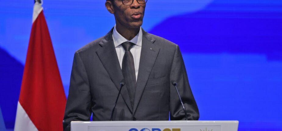Le ministre sénégalais de l'Environnement, Alioune Ndoye, à la tribune de la COP27 à Charm el-Cheikh en Egypte, le 15 novembre 2022