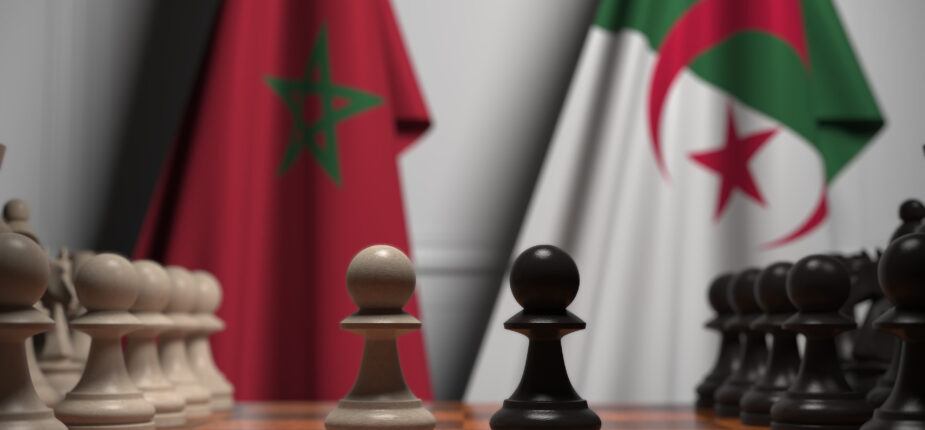 Flags of algeria and morocco behind pawns on the chessboard. chess game or political rivalry related 3D rendering