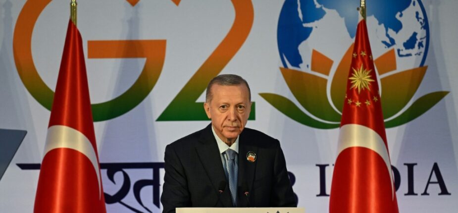 Le président turc Recep Tayyip lors d'une conférence de presse à l'occasion d'un G20 à New Dehli, le 10 septembre 2023