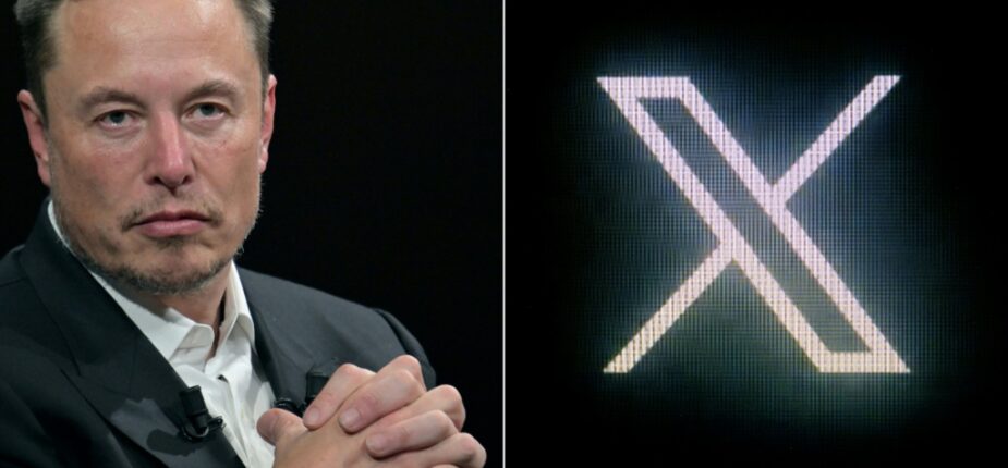 Combinaison d'images créée le 10 octobre 2023 d'Elon Musk, à gauche, à Paris en juin 2023, et du logo de X (ex-Twitter) sur un écran, le 24 juillet 2023