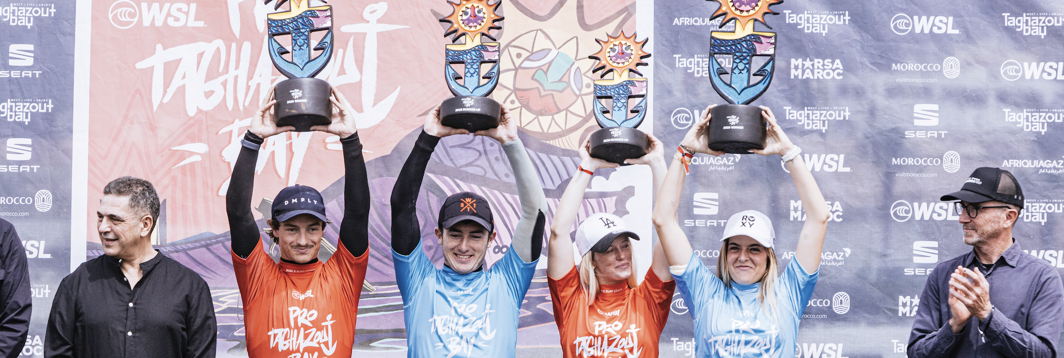 Podium Adur Amatriain and Janire Gonzalez Etxabarri Conor Donegan Dos Santos Alys Barton1072QSTaghazout26 Masurel