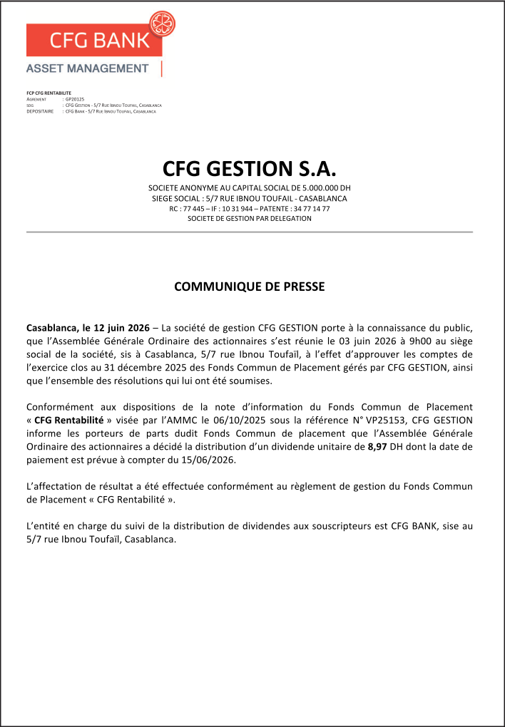 CFG GESTION S.A – Communiqué de presse