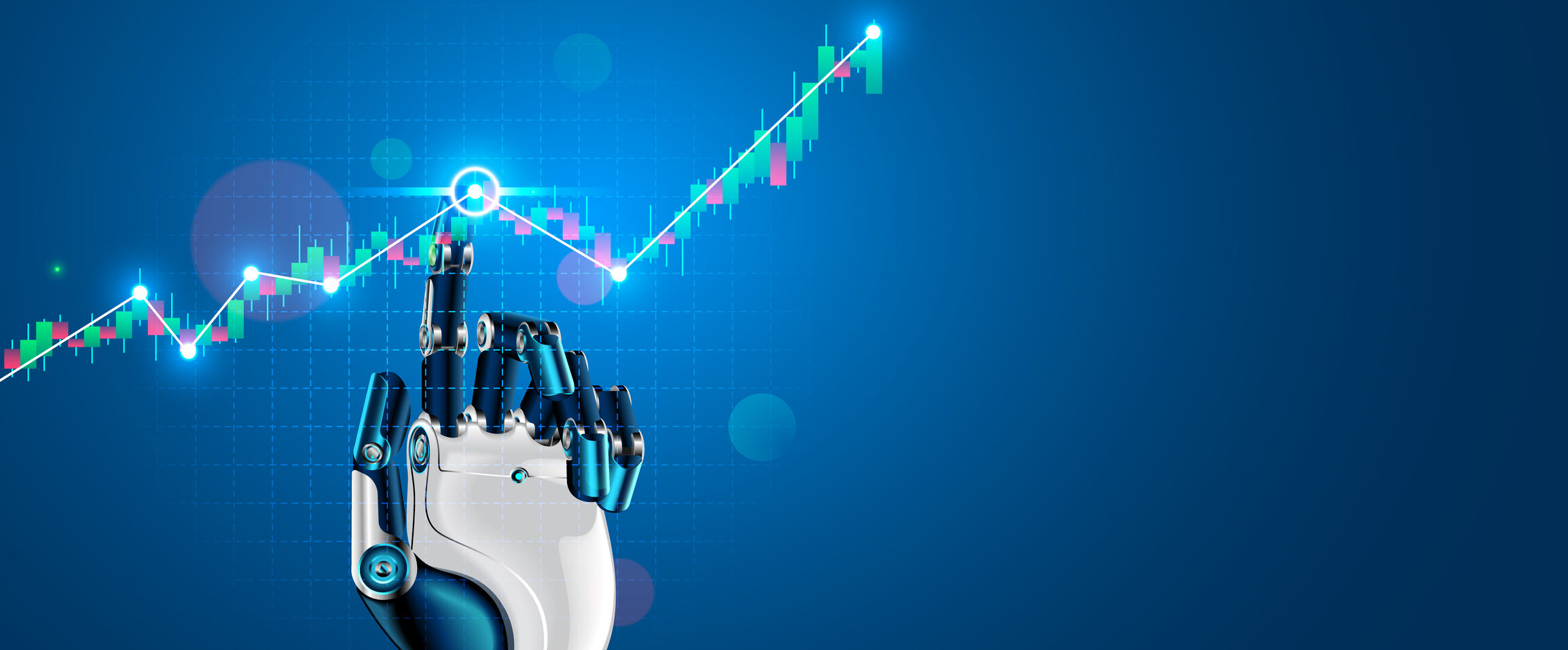 Robot or cyborg hand taps finger on chart of trading data of forex stock exchange. App or software with artificial intelligence analysis business financial information on trade market. Tech Concept.